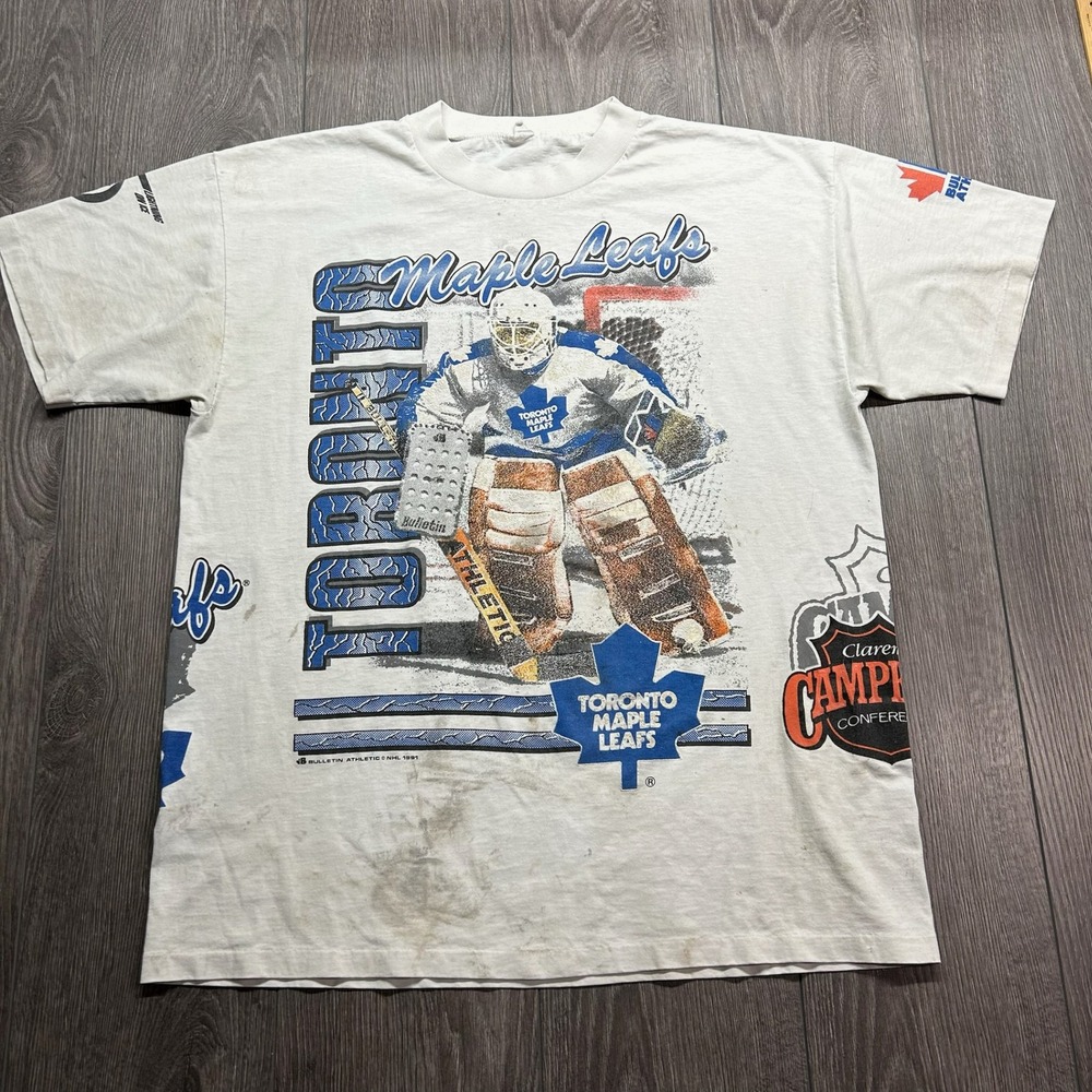 Vintage 1991 Toronto Maple Leafs Shirt Mens Large White NHL AOP Bulletin Stitch